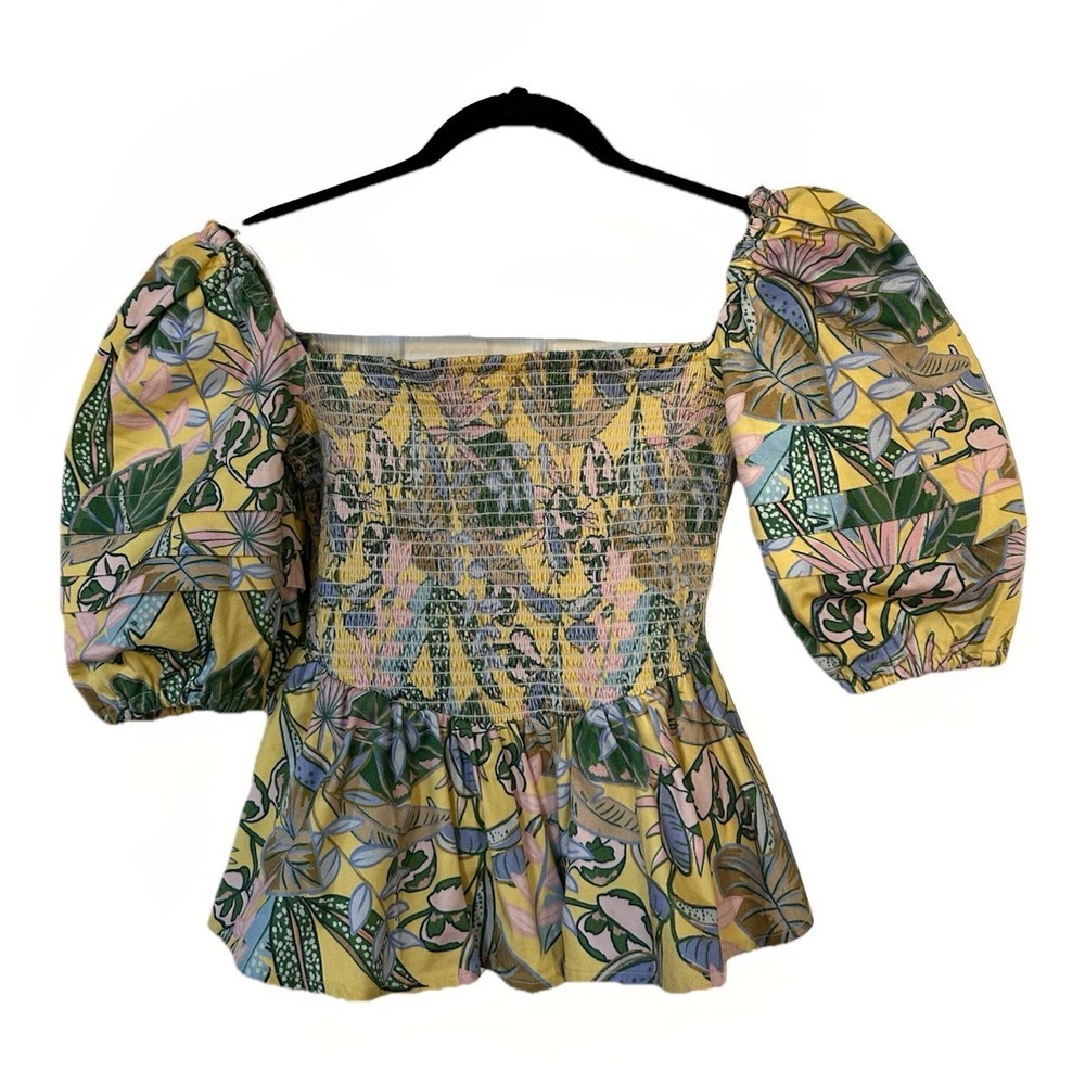 Autumn Adeigbo Yellow Floral Puff-Sleeve Blouse Top Size 4 Farm Rio Style